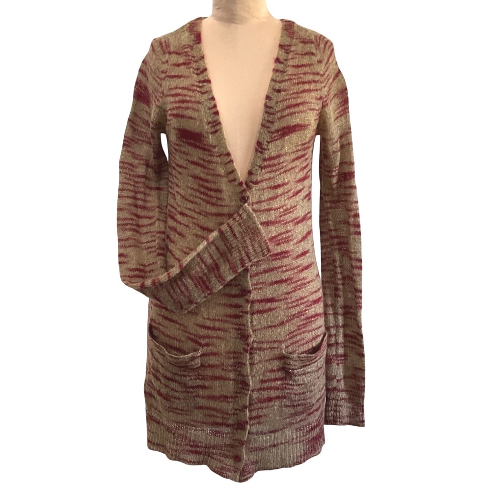 Free People FP Beach Tiger Stripe Mohair Longline Cardigan Tan Red Women's L
